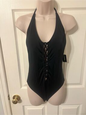 NWT - Women’s Express Black Halter Lace-Up One-Piece Bathing Suit